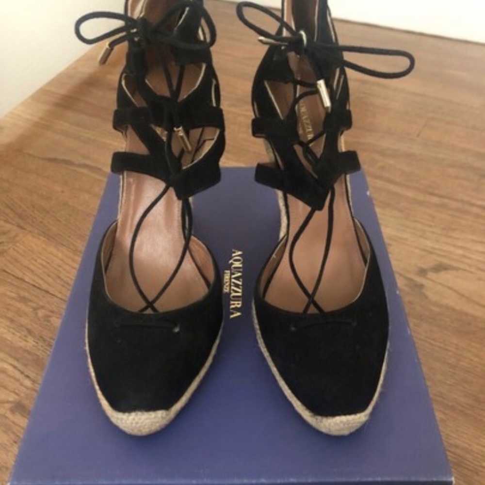 Aquazzura Belgravia Wedge Sandals 40 (US 10) | Black Lace-Up Espadrille Heels - Picture 3 of 7